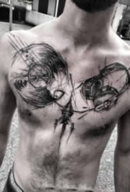 男性帅气的胸前黑色花胸纹身作品