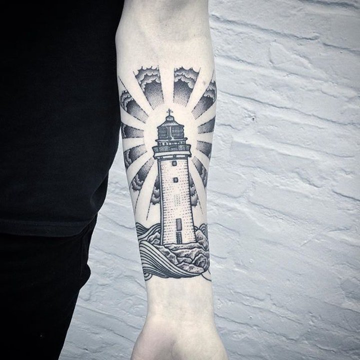 灯塔纹身  9款暗夜里若隐若现的灯塔纹身图案