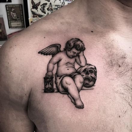 纹身小天使-黑灰色的一组西方小天使纹身图案