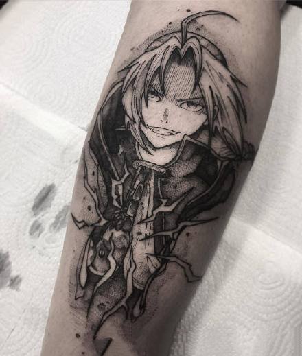 手臂上黑色的一组动漫人物角色纹身图片