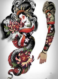 一组花臂纹身手稿的效果图片欣赏