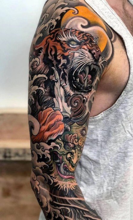 新传统风格的一组花臂花腿纹身欣赏