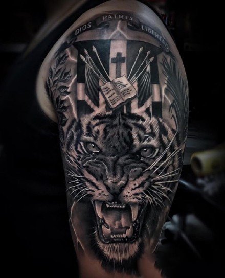 狮头虎头纹身 9组逼真的手臂包臂写实虎头和狮子头纹身图案