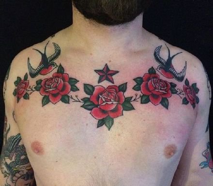 胸部花卉纹身 oldschool风格的9组花胸纹身图案