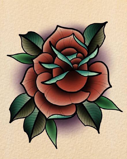 红色的一组school艳丽玫瑰花纹身手稿图案