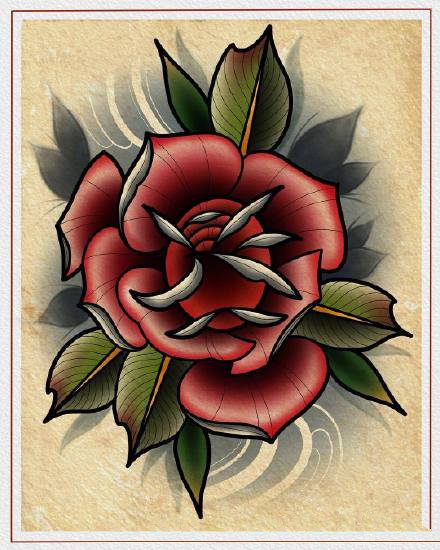 红色的一组school艳丽玫瑰花纹身手稿图案