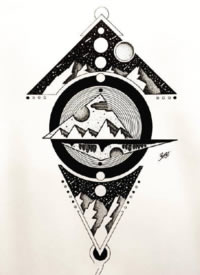 一组融合了几何和风景元素的点刺纹身手稿图案