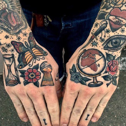手背部的9组oldschool风格纹身图片