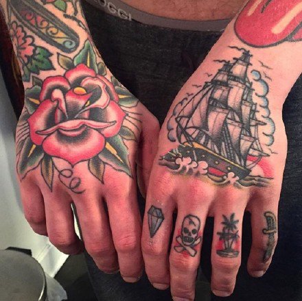 手背部的9组oldschool风格纹身图片