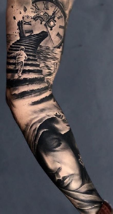 9款极致黑白色的包臂花臂帅气纹身图片
