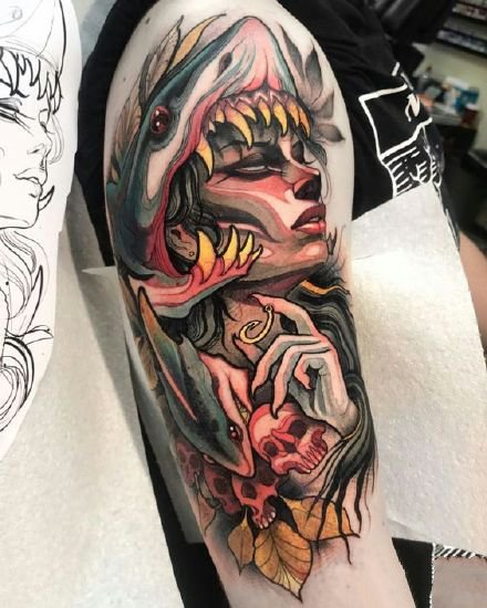 重彩色的一组9张包臂女郎人物纹身图片