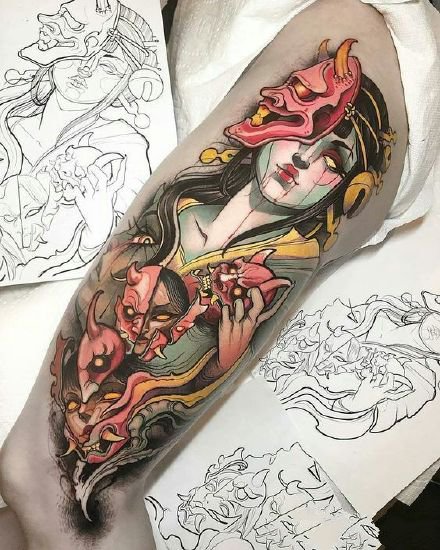 重彩色的一组9张包臂女郎人物纹身图片