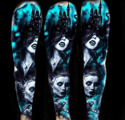 梦幻蓝色调的一组炫彩写实纹身图片