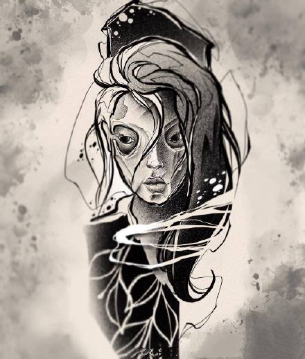 黑灰色的一组创意小女孩纹身手稿图片