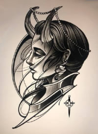 一组school的欧美黑灰女郎纹身手稿图片