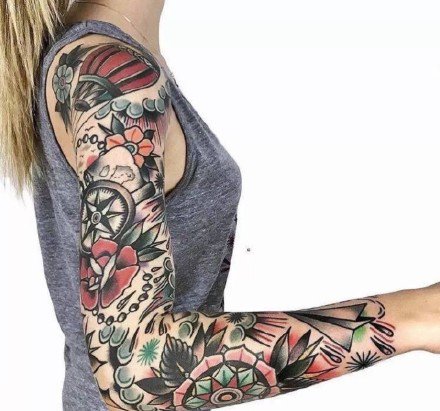 school风格的欧美拼接花臂纹身图案