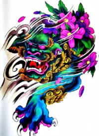 十几款彩色福狮唐狮的纹身手稿和线稿欣赏