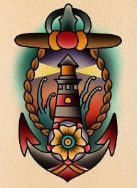 航海主题的一组school帆船灯塔船锚纹身手稿