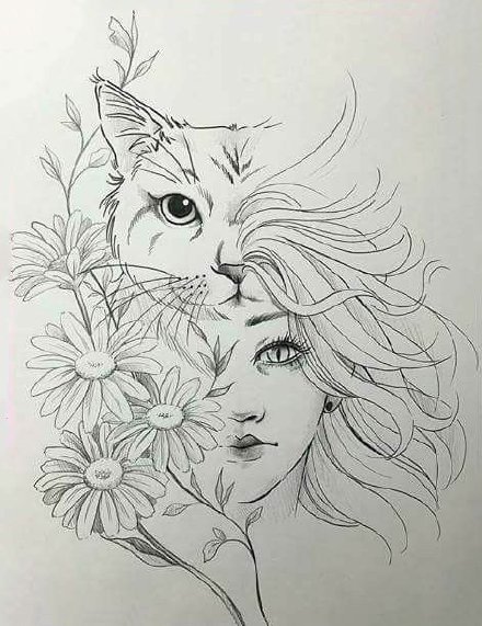 小清新猫头主题的一组猫神纹身素材手稿