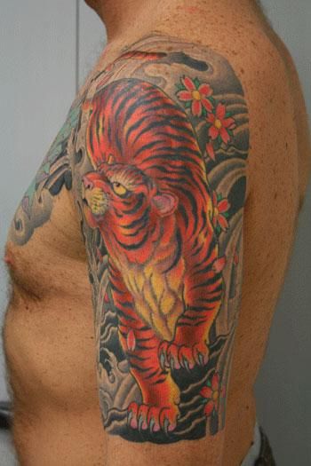 大臂上的下山虎纹身图案