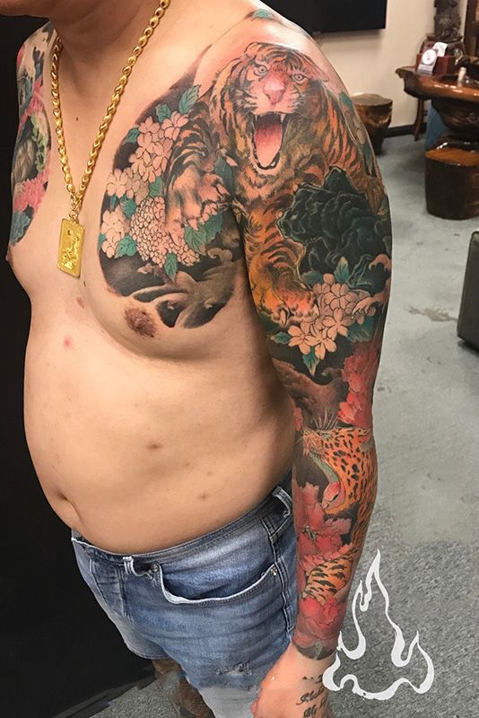 猛虎归山，霸气老虎与花豹花臂纹身
