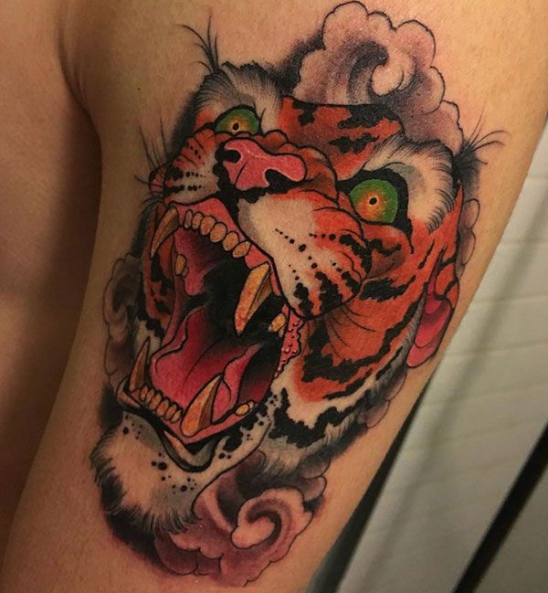 猛虎咆哮，手臂newschool风格老虎彩绘纹身