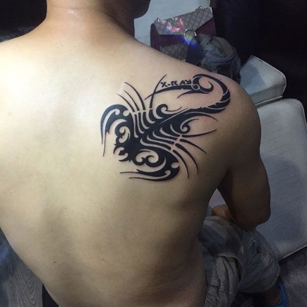 无毒不丈夫，后背蝎子图腾纹身