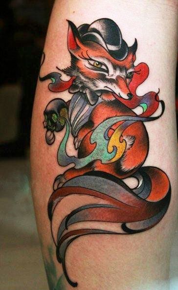 腿上的狐狸纹身图案