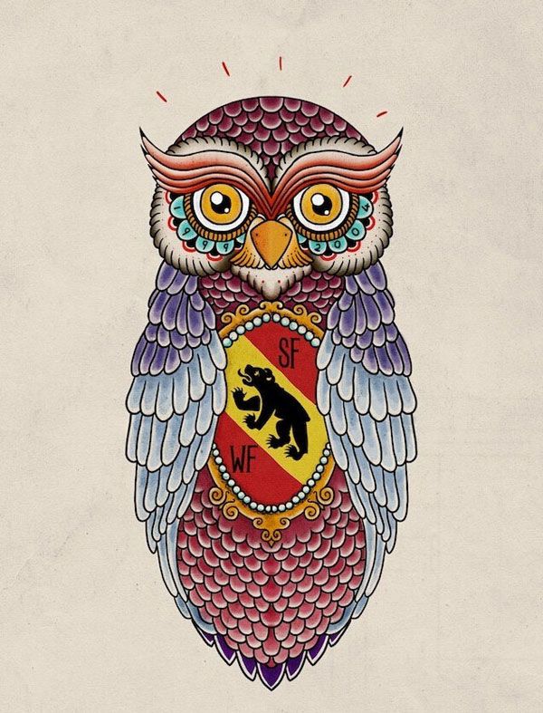 彩绘猫头鹰纹身手稿素材