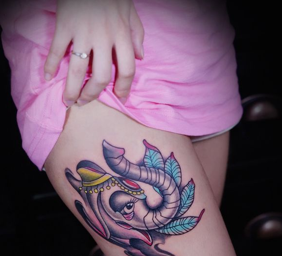 潮流女生大腿大象纹身彩绘图案