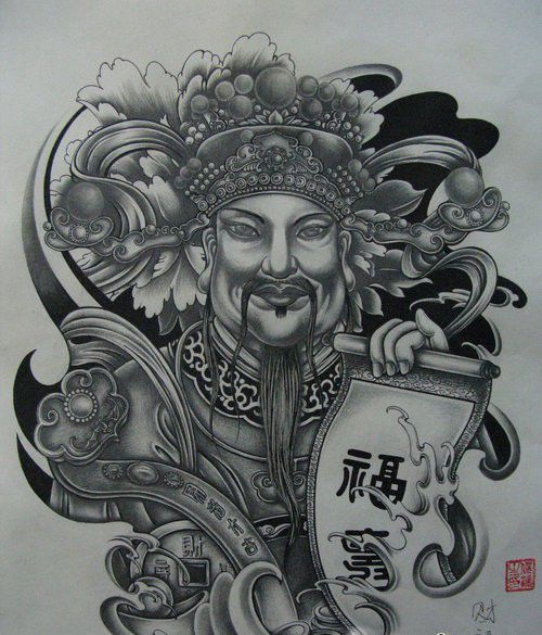 中国传统独特的财神纹身手稿素材