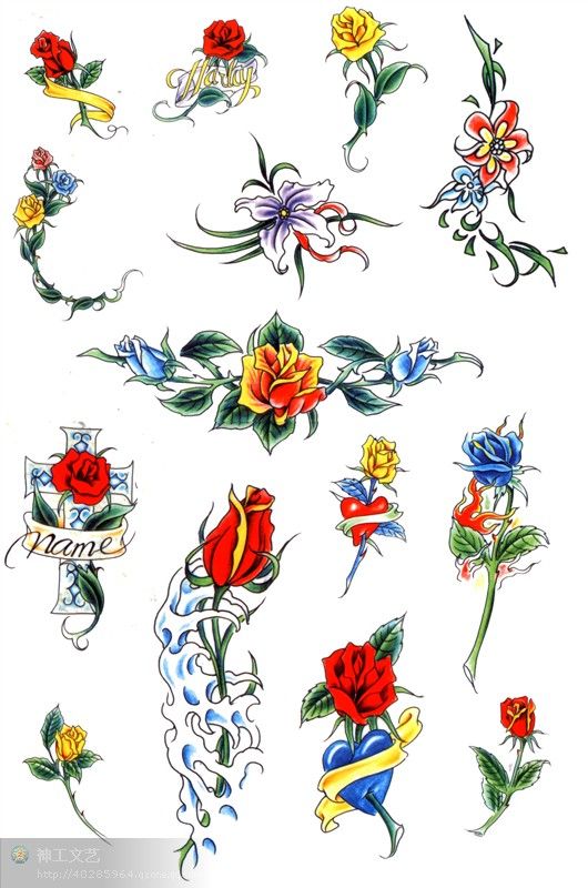 不同颜色玫瑰花手稿纹身素材