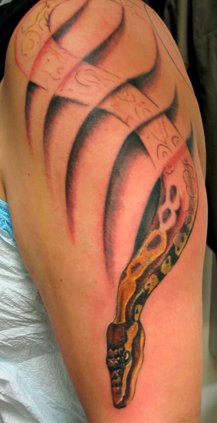 大臂皮肤下的蛇纹身图案