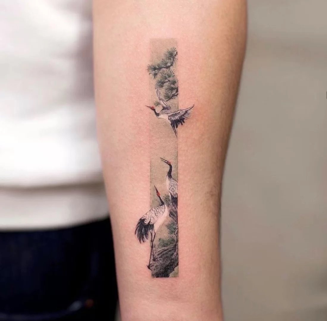 一组独特的长方形仙鹤纹身图片