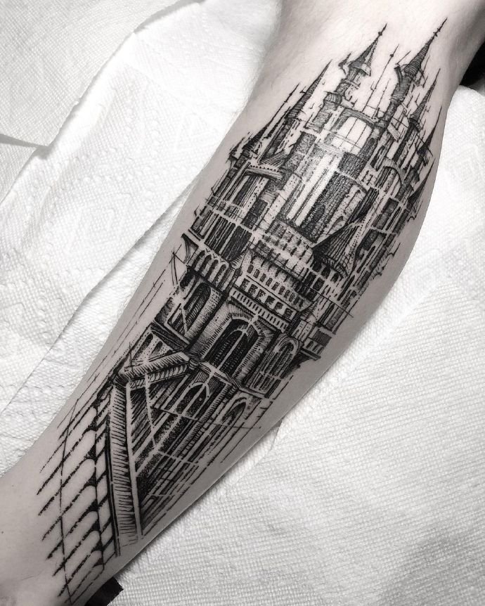 一组newschool的城堡建筑纹身图片