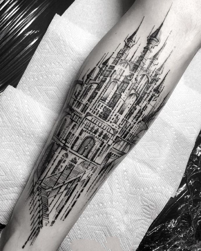 一组newschool的城堡建筑纹身图片