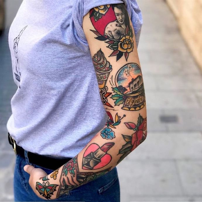 个性炫酷的oldschool拼接花臂纹身图片9张