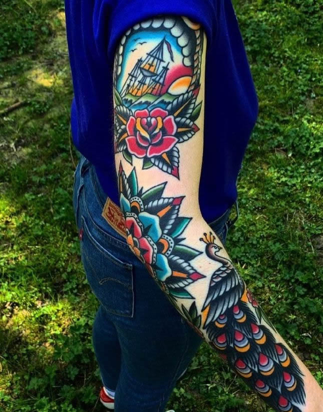 个性炫酷的oldschool拼接花臂纹身图片9张