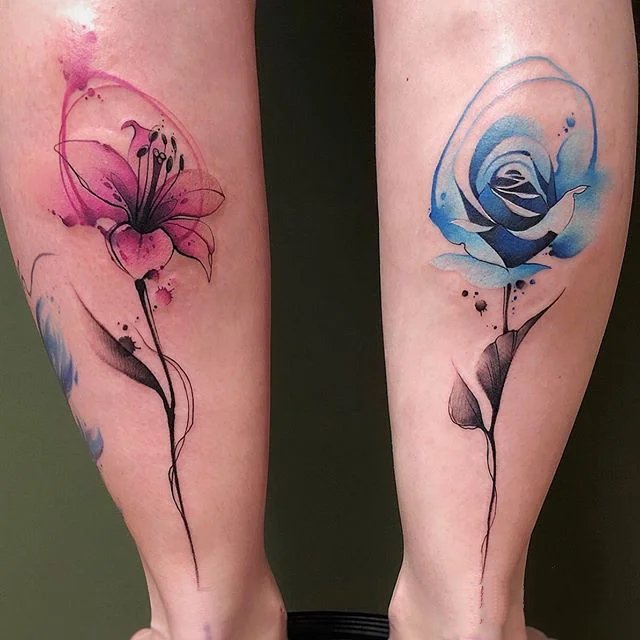 一组不同品种的彩色花卉纹身图片