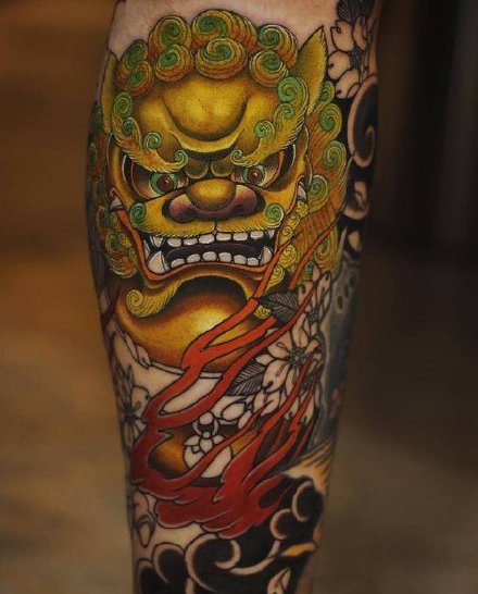 传统6款小腿唐狮纹身图案-越南纹身师Jun Teppei作品