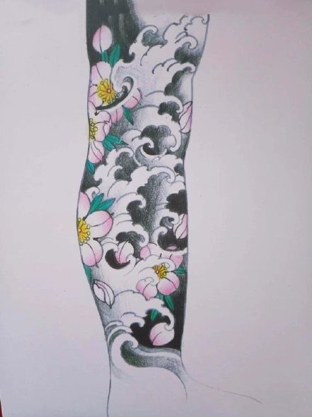 一组纹身浪花花臂和花腿作品