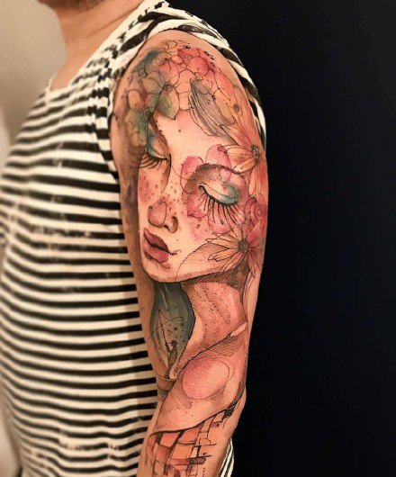 重彩色的一组水彩花臂花腿纹身作品图案