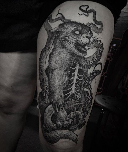 暗黑风格的9款猫纹身图案作品