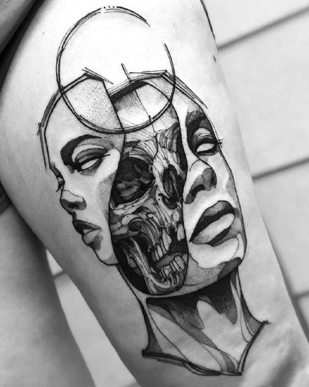 暗黑女头像 适合手臂大小腿的女郎头像纹身图案