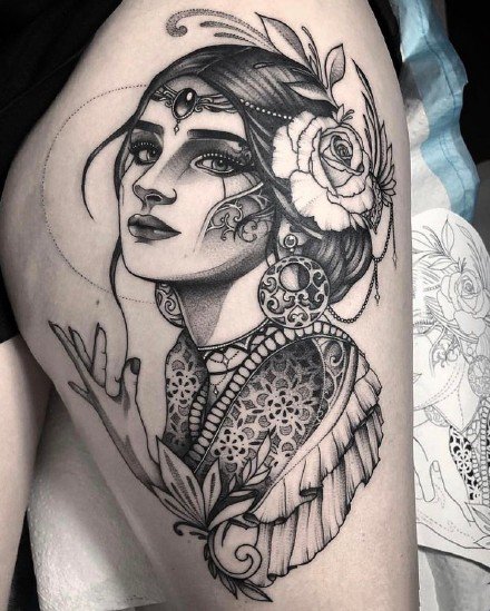 暗黑女头像 适合手臂大小腿的女郎头像纹身图案