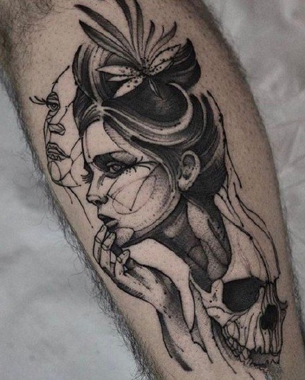 暗黑女头像 适合手臂大小腿的女郎头像纹身图案
