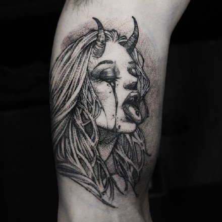 暗黑女头像 适合手臂大小腿的女郎头像纹身图案