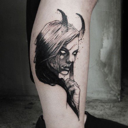 暗黑女头像 适合手臂大小腿的女郎头像纹身图案
