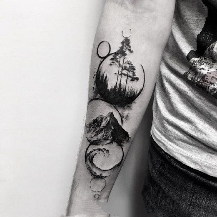 几何和小树搭配的一组黑色创意树纹身图片