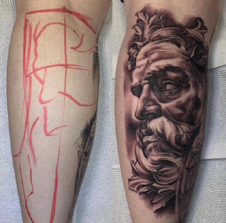 一组纹身勾线和成品的对比效果图片